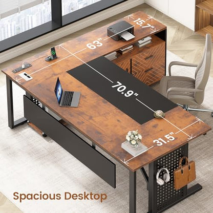71" Executive Desk with Rolling File Cabinet, Large Office Desk with Drawers, L Shaped Computer Desk with Power Outlets, CPU Stand, Pegboard and Storage Shelves, Rustic Brown