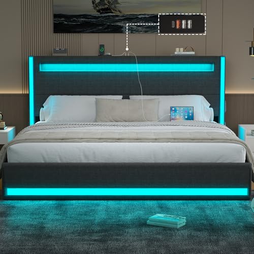 King Size Bed Frame with Headboard, Upholstered LED Bed Frame, Light up, view 2
