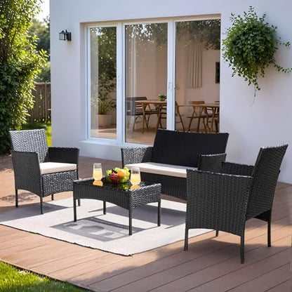 Patio Furniture 4 Pieces Conversation Sets Outdoor Wicker Rattan Chairs Garden Backyard Balcony Porch Poolside loveseat with Cushion and Glass Table, Black and Beige