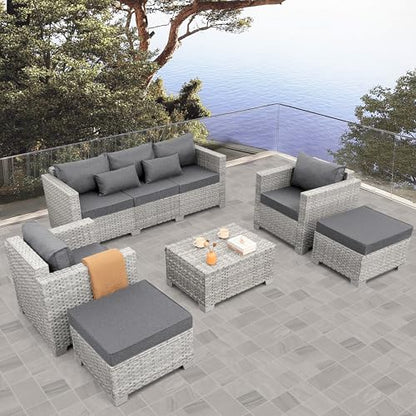 Patio Furniture Set 6 Piece PE Rattan Outdoor Conversation Sets Grey Wicker Couch Sectional Sofa with Storage Coffee Table and Grey Cushion