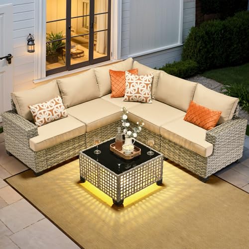 Outdoor Sectional Patio Furniture Set,6 Pieces Wicker Conversation Sets L Shaped Couch,Extra Deep Out Door Sofa Outside Furniture,Beige