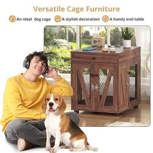 Wooden Dog Crate End Table with USB Charging Station, Walnut, view 7