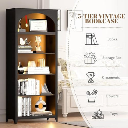 70" Arched Bookshelf with LED Lights, 5-Tier Storage for Displaying, view 7