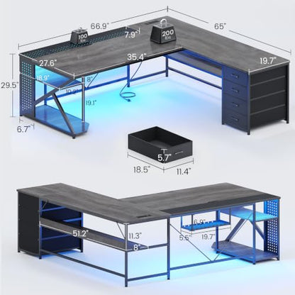 67"x 65" L Shaped Gaming Desk with 4 Drawers & Shelf Storage, Grey, view 3
