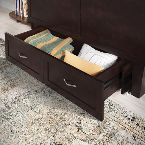 Chelsea Mid-Century Modern Queen Solid Wood Murphy Bed Chest with 6" Mattress, Storage Drawer & Built-in USB Charger, Espresso