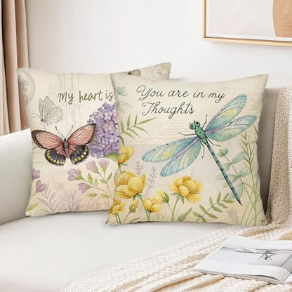 Throw Pillow Covers 16x16 Set of 4 Spring Summer Pillow Covers Linen Flower Butterfly Farmhouse Pillowcases for Sofa Couch Living Room Outdoor