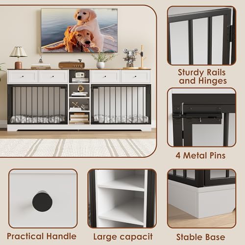 82" Double Dog Crate Furniture with Drawers and Shelves, White, view 6