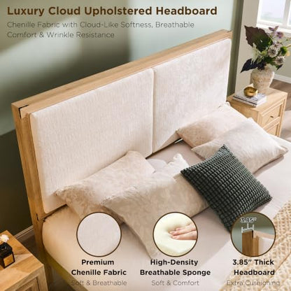 King Bed Frame w/Upholstered Headboard,Storage Bench,Natural Oak, view 5