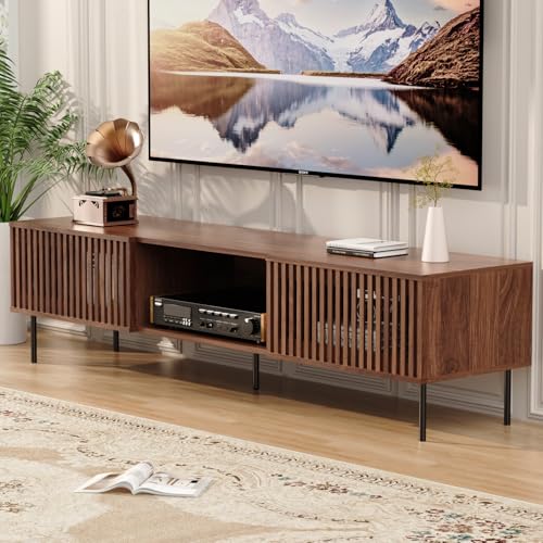70 Inch Mid-Century Modern TV Stand for 55 to 80 Inch TVs, Slat Door