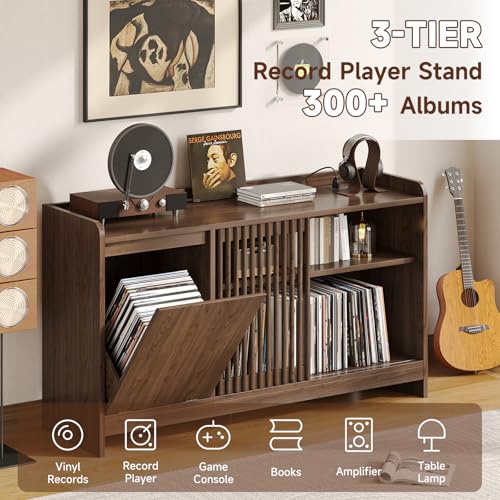 48" Record Player Stand w/Flip-Out Storage Cabinet, Sliding Door, view 4