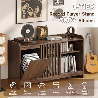48" Record Player Stand w/Flip-Out Storage Cabinet, Sliding Door, view 4