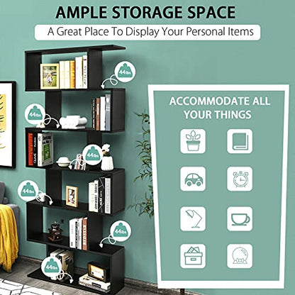 6 Tier S Shaped Bookshelf, 31.5''L x 9''W x 75''H, Wooden Bookcase and Bookshelves w/Anti-Toppling Device, Room Divider Display Shelves for Living Room, Home Decor, 6 Shelf Bookshelf