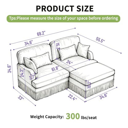Modular Sectional Leopard Print Couch w/Ottoman,Modern 2-Seat L-Shaped Cloud Couch,Pillows,Tassel Fringe Skirt,High-Resilience Foam Sofa,Easy Assembly for Living Room,Apartment(Gre-Blk 69.2")