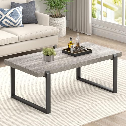 Modern Coffee Table, Rustic Wood and Metal Center Table, Retro Small Cocktail Tea Table for Living Room, Light Grey, 44 Inch