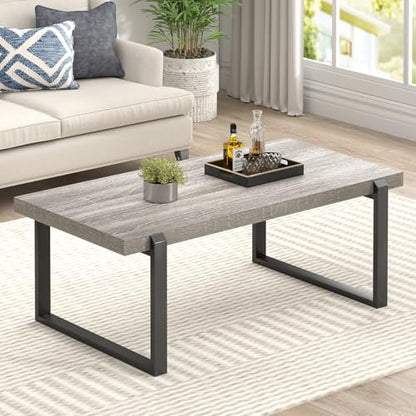 Modern Coffee Table, Rustic Wood and Metal Center Table, Retro Small Cocktail Tea Table for Living Room, Light Grey, 44 Inch