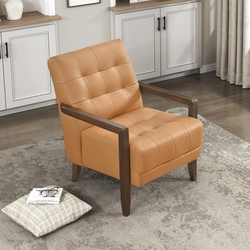 Modern Accent Chair, Luxury Genuine Leather Match Living Room Chair with Tufted Cushions, Solid Wood Frame and Arm Rest, Comfy Upholstered Single Seat for Bedroom/Reading/Office, Orange