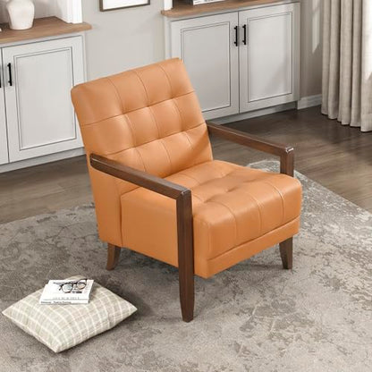Modern Accent Chair, Luxury Genuine Leather Match Living Room Chair with Tufted Cushions, Solid Wood Frame and Arm Rest, Comfy Upholstered Single Seat for Bedroom/Reading/Office, Orange