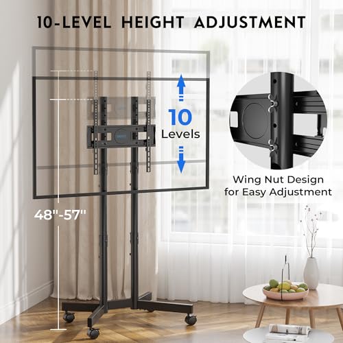 Rolling TV Stand for 32-75 Inch TVs, Height Adjustable Mobile TV Cart on Wheels, Heavy Duty TV Stand Supports Up to 110lbs, Stable Dual-Column Design, Cable Management, Indoor, Outdoor