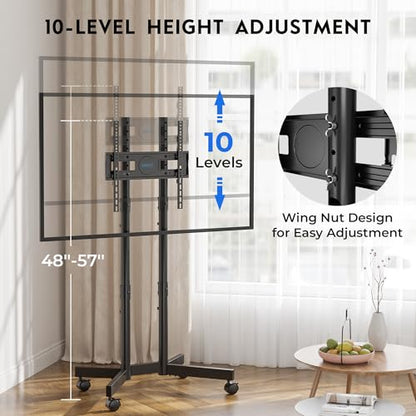 Rolling TV Stand for 32-75 Inch TVs, Height Adjustable Mobile TV Cart on Wheels, Heavy Duty TV Stand Supports Up to 110lbs, Stable Dual-Column Design, Cable Management, Indoor, Outdoor