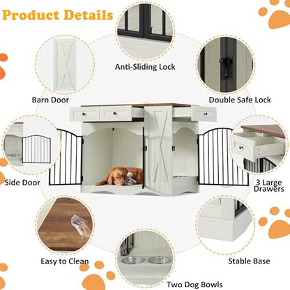 43.3" Dog Crate Furniture, Wooden Dog Kennel with 3 Drawers, Beige, view 5