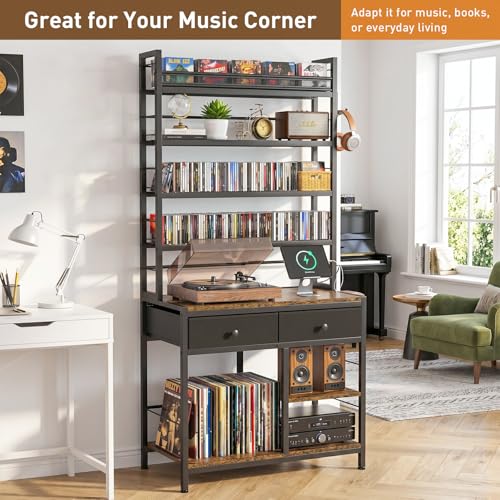 Tall CD Rack with Power Outlet & Drawers, 8-Tier DVD Storage Shelf, view 8