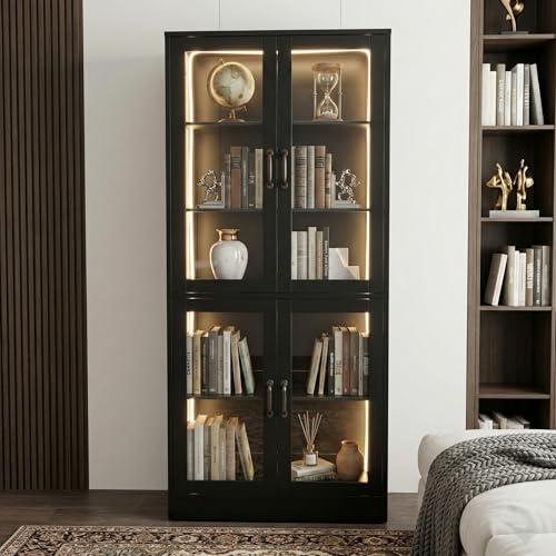 Modern Black 5-Tier Display Cabinet with Glass Doors and LED Lights, 65" Tall Storage Bookshelf, 4-Door Freestanding Curio Cabinet for Living Room, Home Office