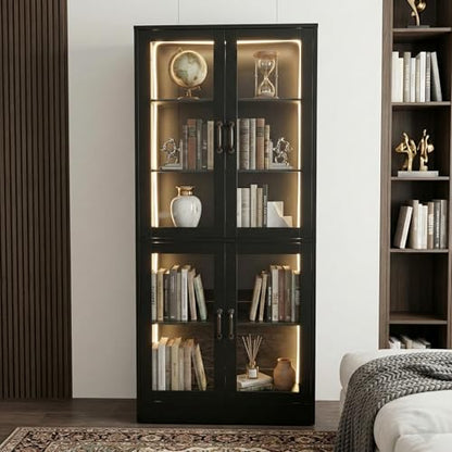 Modern Black 5-Tier Display Cabinet with Glass Doors and LED Lights, 65" Tall Storage Bookshelf, 4-Door Freestanding Curio Cabinet for Living Room, Home Office