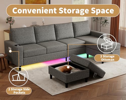 Smart Sectional Couches for Living Room, 6 Seat U/L Shaped Sectional Sofa with RGB Light/Charging, Modern Living Room Furniture for Apartments/Office/More (Light Gray)