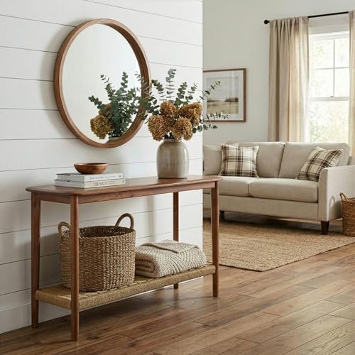 Calais Solid Wood Console Table with Woven Storage Shelf, Chestnut, 48 Inch | 2-Tier Narrow Sofa Table, Mid Century Modern Entryway Table for Living Room, Behind the Couch, Hallway, or Foyer by Alaterre