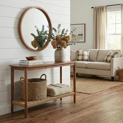 Calais Solid Wood Console Table with Woven Storage Shelf, Chestnut, 48 Inch | 2-Tier Narrow Sofa Table, Mid Century Modern Entryway Table for Living Room, Behind the Couch, Hallway, or Foyer by Alaterre