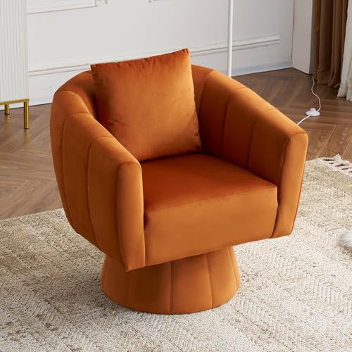 360° Swivel Velvet Accent Chair with Fluffy Cushions, Orange