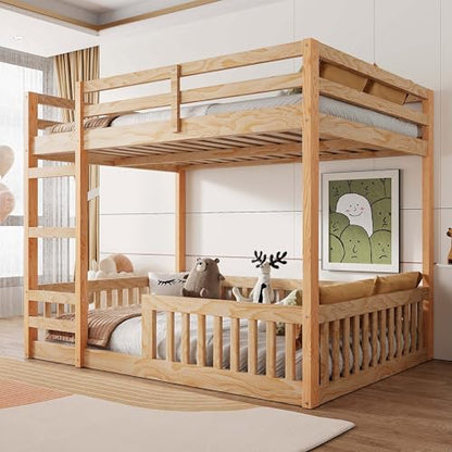 JIVOIT Full Over Full Bunk Bed, Solid Wood Bunk Bed Frame with Ladder and Guardrails, Wood Slats Support, No Box Spring Needed (Natural/ 4)