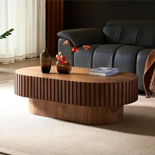 Oval Coffee Table 43.7" Wood CoffeeTable for Living Room Drum ModernCoffeeTable TeaTable Wooden Coffee Tables PedestalCoffeeTable Home Furniture Office Apartment Walnut