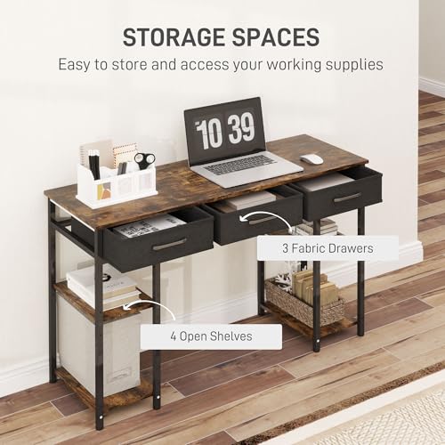 47" Computer Desk with 3 Fabric Drawers, Home Office Desk with Adjustable Shelves, Small Writing Desk with Storage, Rustic Brown