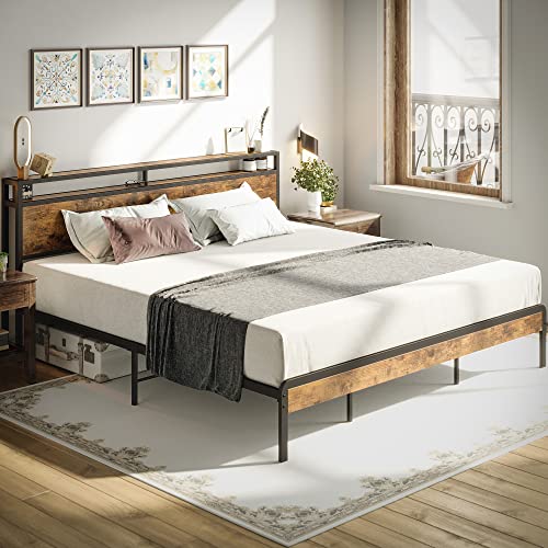 King Size Bed Frame, Platform Bed with 2-Tier Storage Headboard, view 5