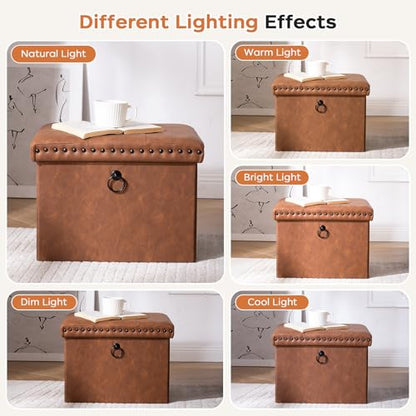 Folding Storage Ottoman 16x12x12 inches, Small Faux Leather Foot Rest Stool with Button Tufted Rivet Design, Footstool Bench, Ottoman with Storage for Living Room Bedroom Coffee Table, Brown