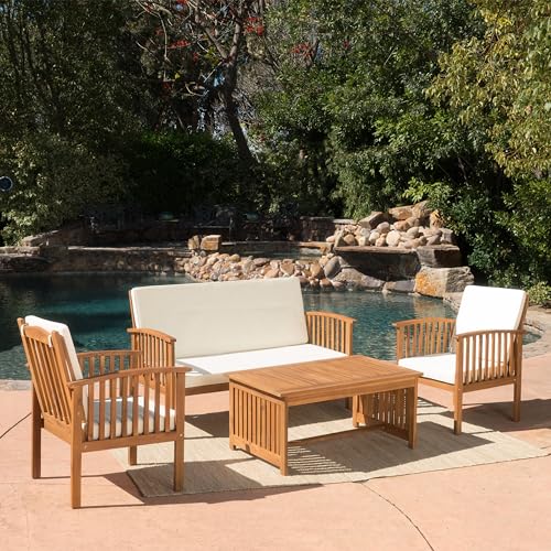 4-Piece Outdoor Patio Furniture Set, Acacia Wood Chat Set with Loveseat Coffee Table and 2 Chairs Cushions, Modern Backyard Garden Conversation Set, Light Wood