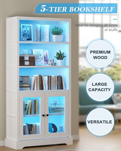 5-Tier Bookshelf, 65" Bookshelf with Multi-Color Ambient Lights (APP Remote Control), Tall Vertical Display Shelf with Cabinet Doors, Suitable for Living Room, Bedroom, Study, Office, White