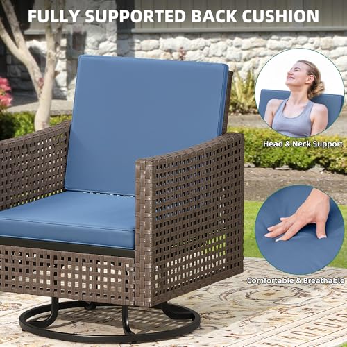 3 Pieces Patio Set w/2.8" Thick Cushions, All Weather Swivel Patio Furniture Set w/Wicker Rocking Chairs & Rattan Side Table for Backyard Deck Poolside, Blue
