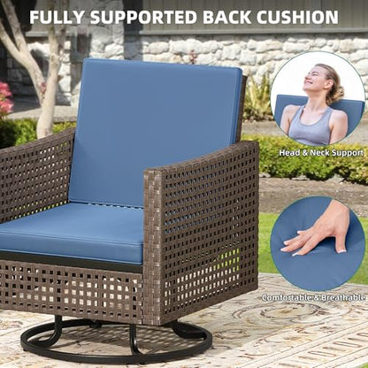 3 Pieces Patio Set w/2.8" Thick Cushions, All Weather Swivel Patio Furniture Set w/Wicker Rocking Chairs & Rattan Side Table for Backyard Deck Poolside, Blue