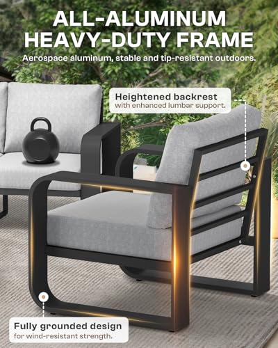 Oversized Aluminum Outdoor Furniture Set, Extra Large Patio Furniture Sofa Set 4.8” Widened Armrest & Ultra-Thick Cushions, 5 Pcs Modern Patio Sectional for Backyard, Porch, Gray
