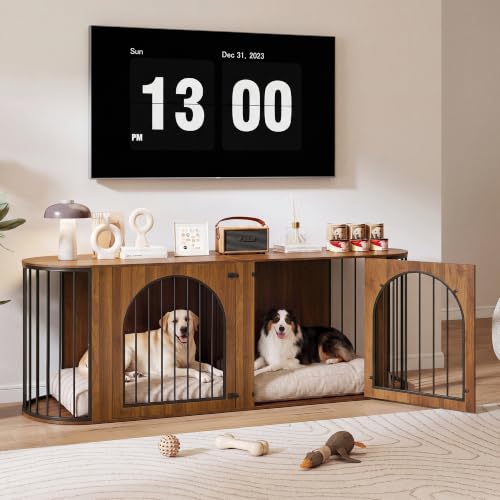 86.6'' Double Dog Crate Furniture, Oval Dog Kennel Furniture with Divider, view 5