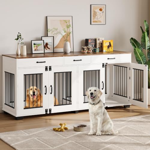71'' Large Dog Crate for 2 Dogs, Dog Crate with 3 Drawer, White, view 6