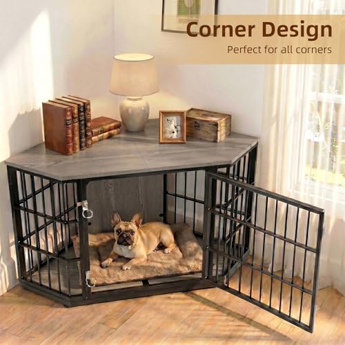 52 Inch Dog Crate Furniture Corner for Large Dogs, Grey, view 5