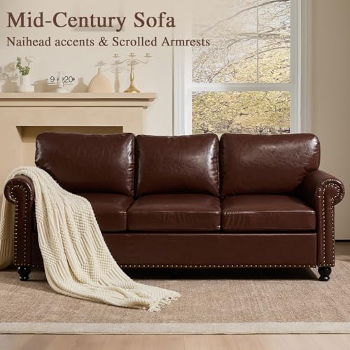 79” Leather Sofa Couch with Storage, Mid Century Modern Rolled Arm Couches for Living Room Furniture, Nailhead Trim, Dark Brown