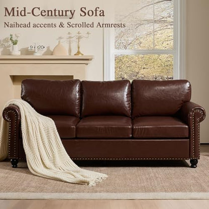 79” Leather Sofa Couch with Storage, Mid Century Modern Rolled Arm Couches for Living Room Furniture, Nailhead Trim, Dark Brown