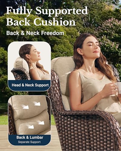 Luxury Outdoor Patio Furniture Set with 6-Inch Thick Cushions, High Back Wicker Swivel Rocker Chairs, 3 Pcs All Weather Chairs Set for Small Porch, Deck and Sunroom, Beige (V3)