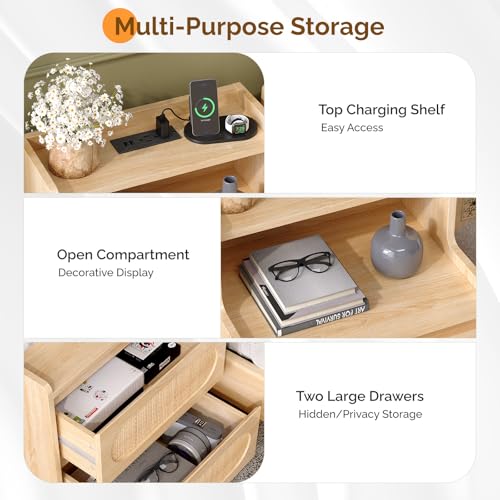 Rattan Nightstand with Charging Station, Boho Nightstand with Drawers and Shelves, Wood Night Stand Bedroom, Real Rattan Bed Side Table/End Table，17.72" W*13.86" D*25.6" H