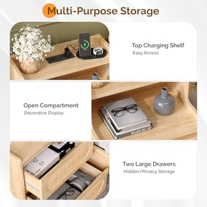 Rattan Nightstand with Charging Station, Boho Nightstand with Drawers and Shelves, Wood Night Stand Bedroom, Real Rattan Bed Side Table/End Table，17.72" W*13.86" D*25.6" H