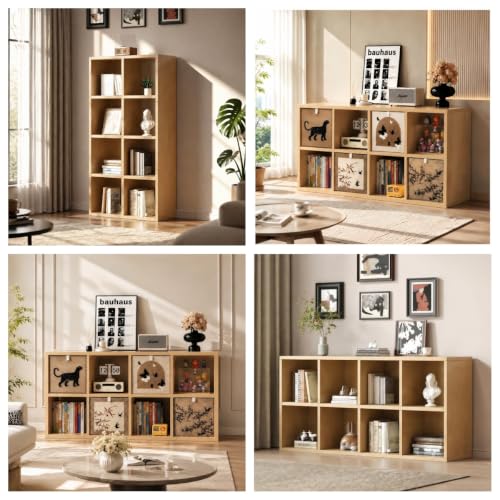 real Solid Wood 8 Cube Storage Organizer Shelf with 4 Bins,Low Bookcase, view 5
